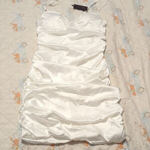 Lemon Lunar Co. White Satin Ruched Bodycon Mini Dress Spaghetti Strap